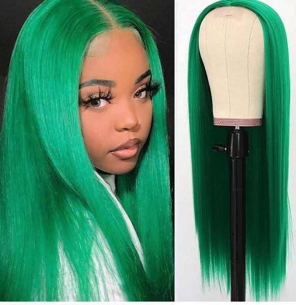 

green wig 13x4 straight green lace front wig transparent 40 inch human hair wig for women, Black;brown