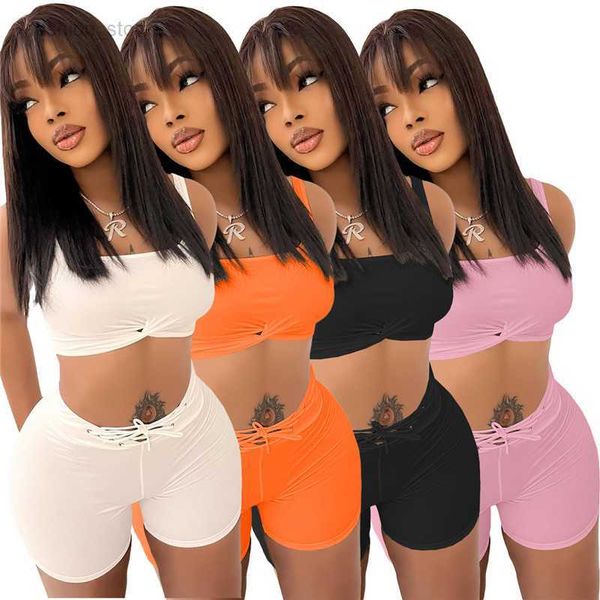 

wholesale outfits summer tracksuits women two piece sets solid sleeveless tank bandage shorts mathing set female tee+short pants sports suit, Gray