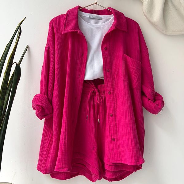 

women's tracksuits 2023 summer two piece casual long sleeve short sets fashion button outfits suit solid pleated set for women 230506, Gray