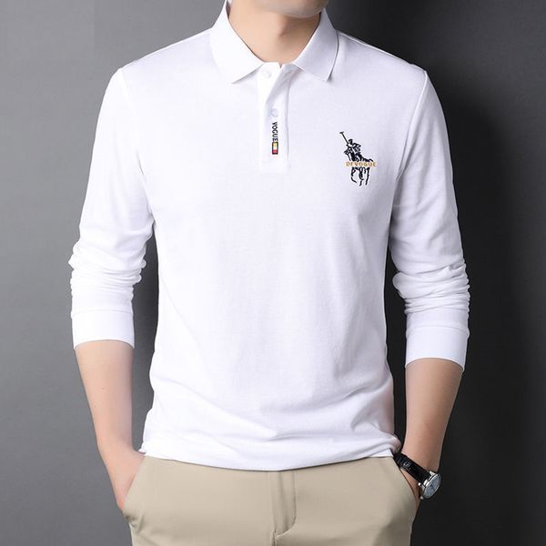 

men's spring new tide brand cotton polo shirt men's business casual lapel long sleeve t-shirt men, White;black