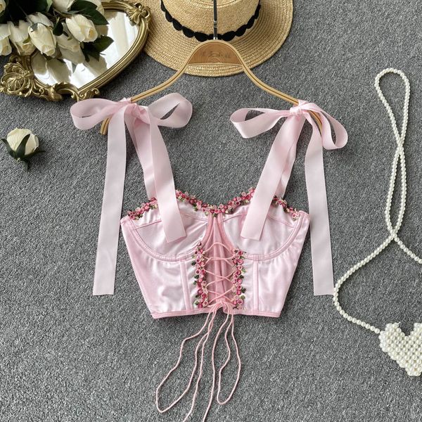 

camisoles tanks women summer fairy satin patchwork print camis bow ribbons tank lace up hollow out corset slash neck floral crop 230508, Black;white