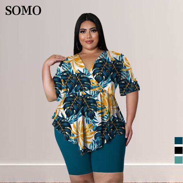 

women s plus size tracksuits bohemia printed outfits plus size women clothing v neck short pant suits summer two piece set wholesale drop 23, Black