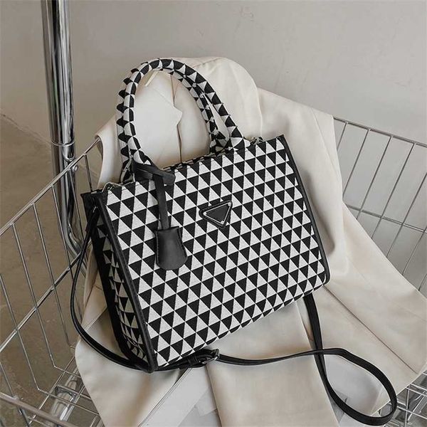 

20% off 2023 fashion handbag canvas women's new high capacity contrast color handbag with geometric checker pattern one shoulder crossb
