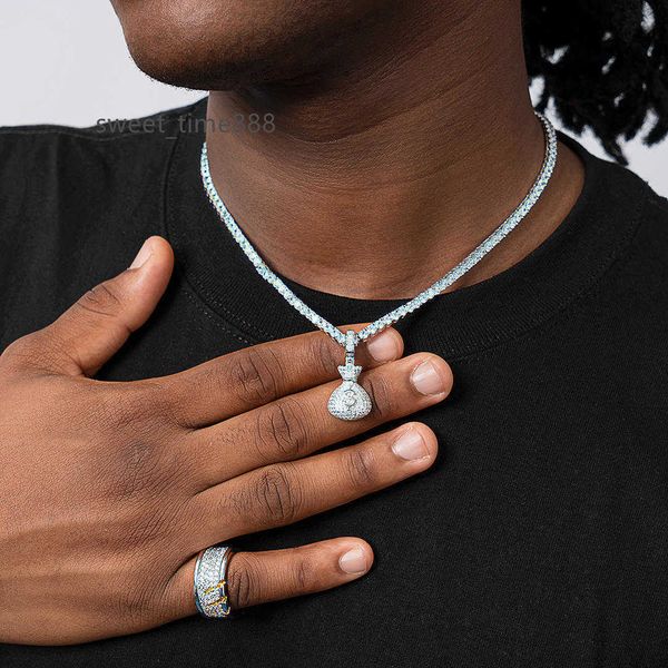 

2022 new moneybag iced out pendant hip hop jewelry spark 0.1ct vs moissanite custom 925sliver dollars pendant necklace, Silver
