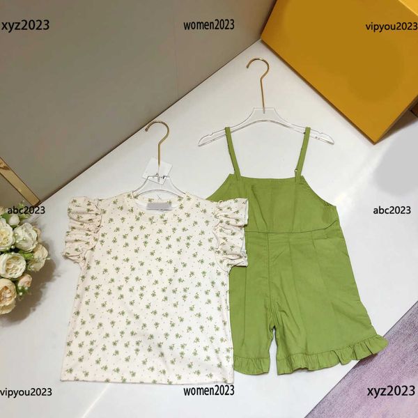 

luxury fashion tracksuits kids designer clothes pleated petal shaped cuffs baby sets 2pcs round neck floral t-shirt and green strap pants, White