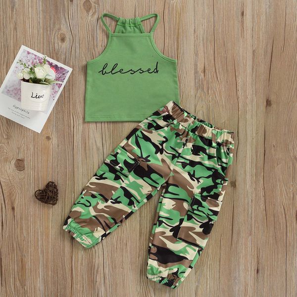 

sets suits 1 6y kids girls summer clothes sets baby letter printed sleeveless loose camo pants outfits children streetwear 230508