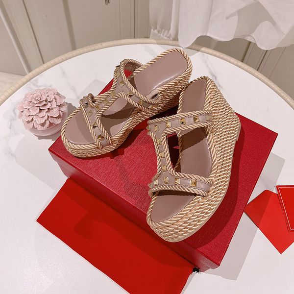 

designer womens slippers platform sandals braided riveted i-heels high heels 10cm shoes outdoor beach shoes thick soles non-slip casual shoe, Black
