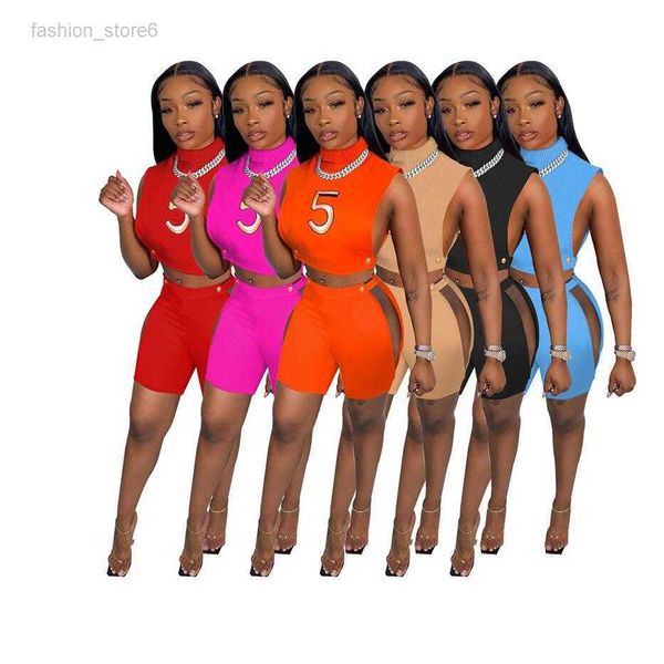 

wholesale women tracksuits summer clothes embroidery letters outfits hollow out turtleneck t shirt+shorts two piece sets solid matching set, Gray