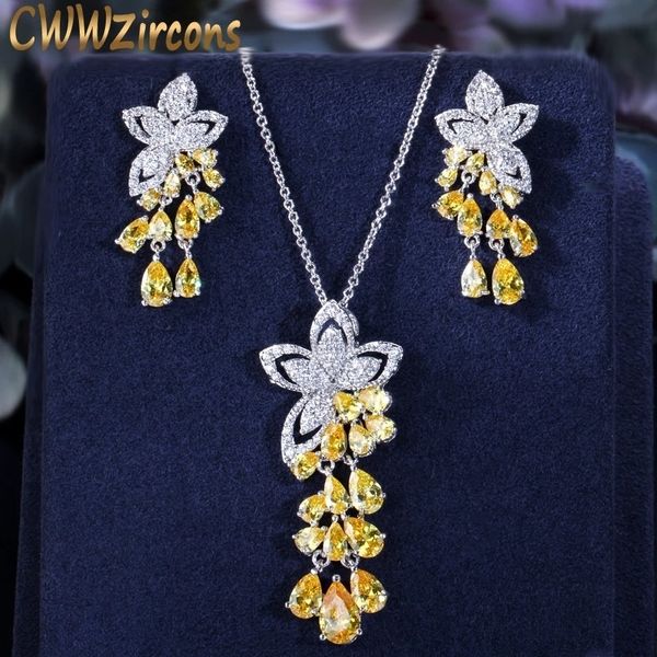 

pendant necklaces cwwzircons arrival cubic zirconia tassel drop flower earrings and necklace fashion ladies jewelry sets t334 230506, Silver