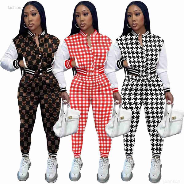 

women tracksuits sport suits stylish long fashion casual set printed panel long sleeve baseball jacket two piece set, Gray
