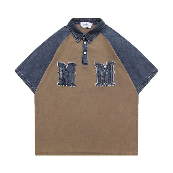 

american summer denim splicing polo shirt tide men's loose alphabet embroidery water done old lapel short sleeve t-shirt pure cotton, White;black