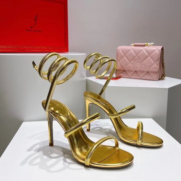 

gold sandals luxury designer rene caovilla stiletto heel womens shoes crystal rhinestone twining foot ring 10cm high heeled narrow band sand, Black