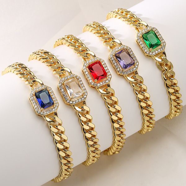 

gold color cuban link chain red blue green colorful cz cluster charm fashion women bracelet, Golden;silver