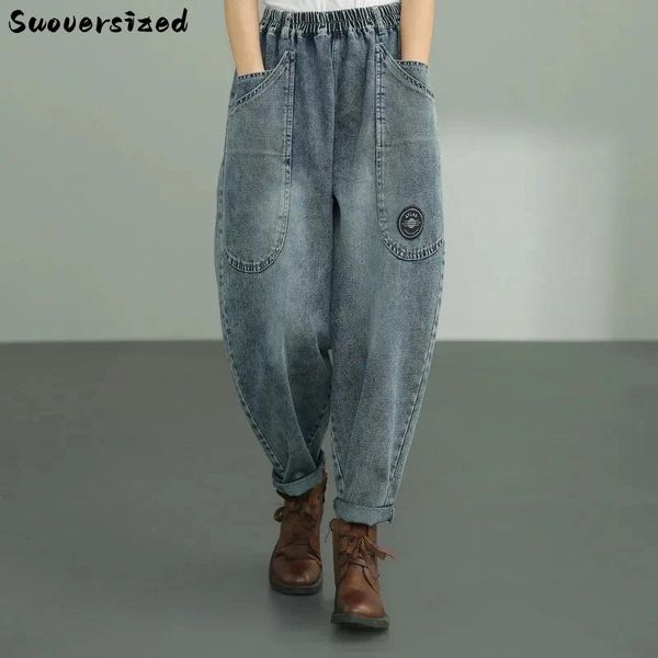 

jeans baggy anklelength harem jeans vintage elastic high waist vaqueros women wide leg denim pants oversized korean pantalones 2023, Blue