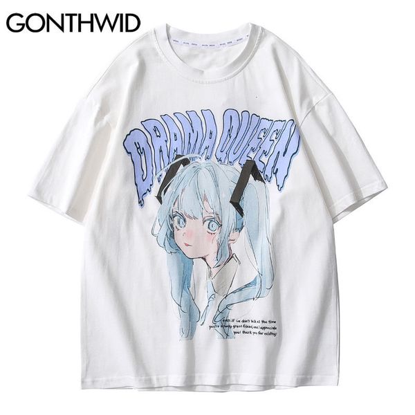 

men's t-shirts gonthwid tshirts streetwear japanese anime cartoon girl print t-shirt harajuku hip hop hipster casual summer loose tees, White;black