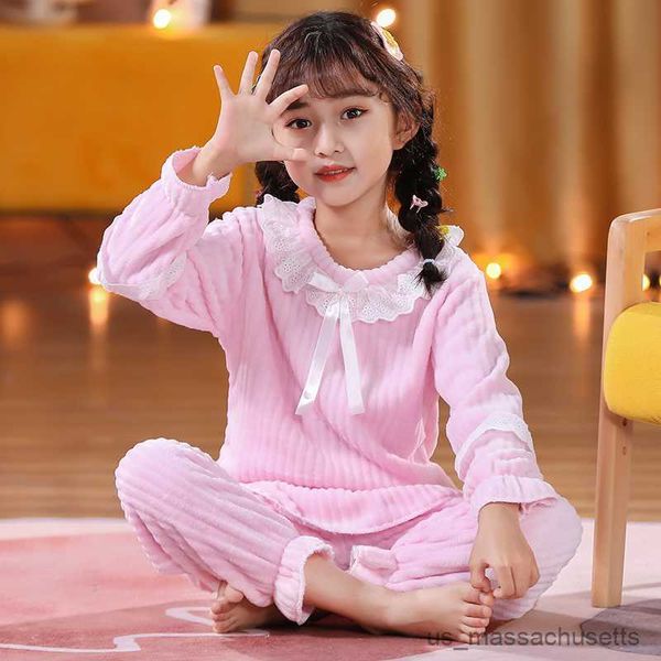 

pajamas winter pajamas for babies long sleeved home clothes girls children warm fleece princess lace kids sleepwear homewear, Blue;red