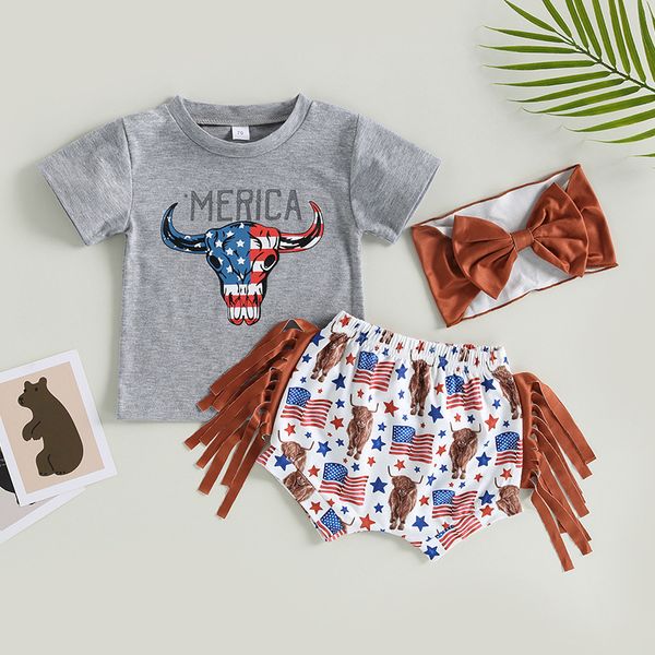 

baby boys girl cartoon outfits cow printed short sleeve t-shirt american flag tassel shorts hair accessories 3pcs clothing set casual clothe, White