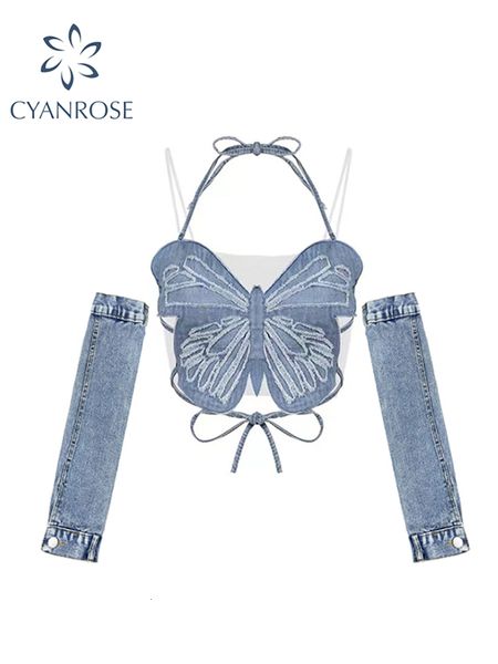 

camisoles tank crop off shoulder removable sleeves y2k tank 90s vintage streetwear fashion bandage butterfly tube summer 230508, Black;white