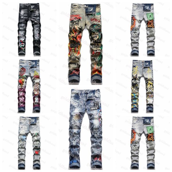 

fashion hip hop jeans designer mens retro slim pants patchwork tide brand printed jeans ripped hole cool trousers, Blue