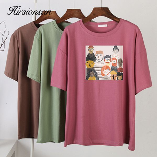 

women's t-shirt hirsionsan summer kawaii hand-painted printed t shirt women loose harajuku cotton clothes female plus size o-neck pullo, White