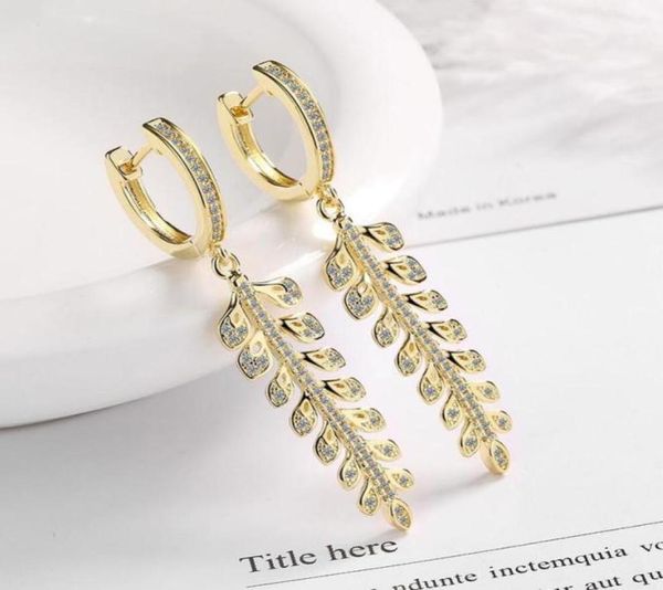

hoop huggie kofsac exquisite leaves earrings jewelry for women 925 sterling silver zircon long tassel earring cuteromantic lady7781766, Golden;silver