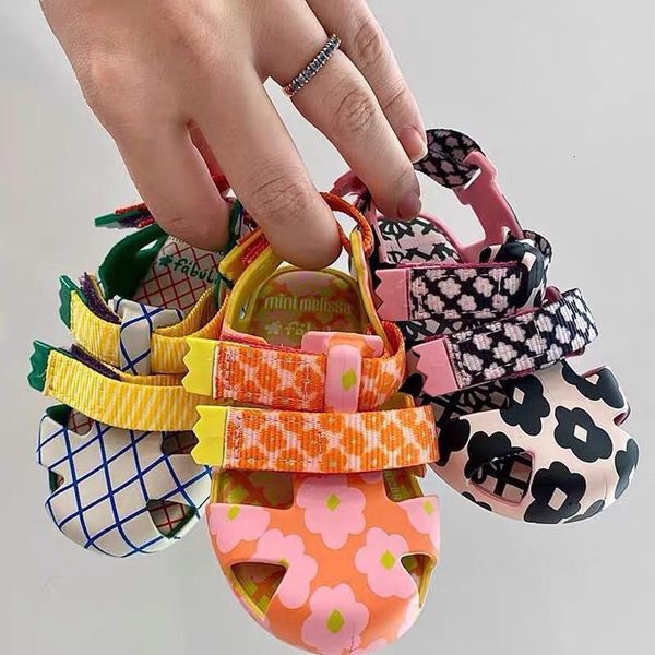 

sandals summer melissa baotou hollow children's sandals boys and girls colorful pattern canvas button beach shoes cute printed jelly sh, Black;red
