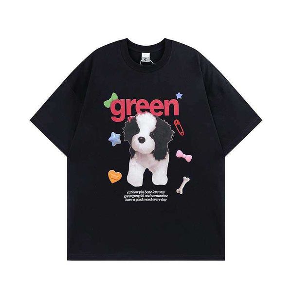 

street fashion american cute dog letter print round neck short sleeve t-shirt men's fashion brand loose summer top, Black;white