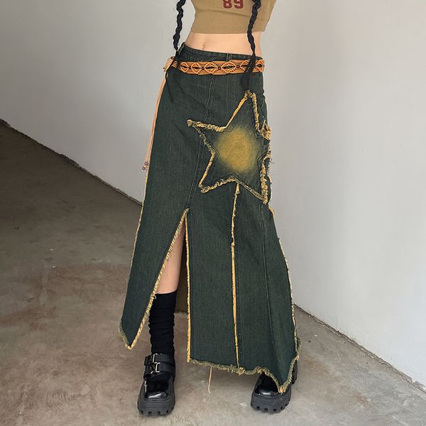 

skirts y2k women korean vintage irregular star knee length denim midi long skirt high waist straight grunge alt maxi clothes 230508, Black