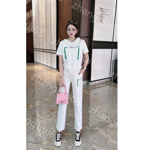 

23ss womens designer clothing women tracksuit pure cotton logo printed hoodie solid color short sleeve elastic waist pull rope trousers set, Gray