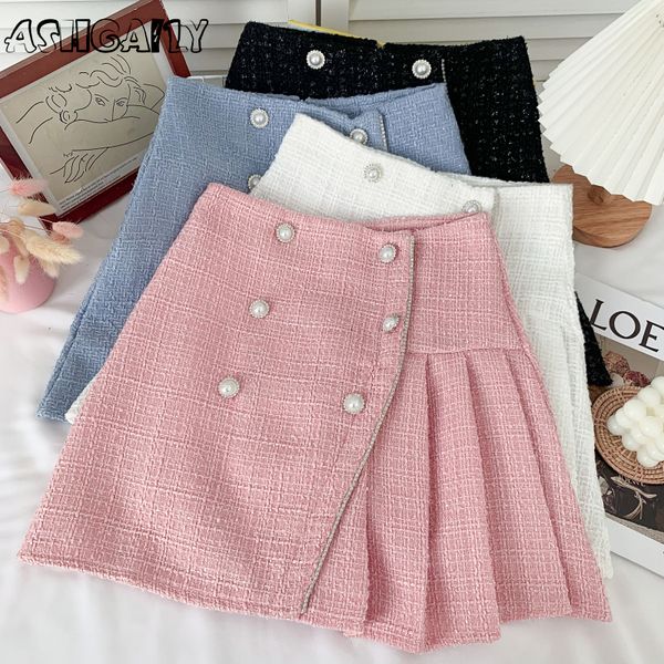 

skirts ashgaily tweed skirts for women high waist skirts autumn spring buttons double breasted tweed wool mini skirt 230508, Black