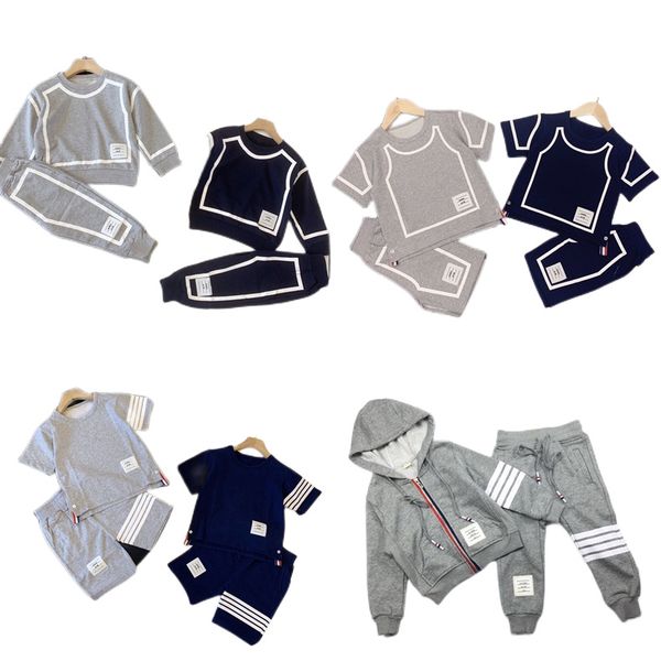 

children's designer tb clothing summer and spring t-shirt shorts 2-piece brand clothing girl boy pants long t-shirt sportswear suit t10, White