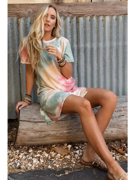 

multicolor tie dye oversized slit tee women dress, Black;gray