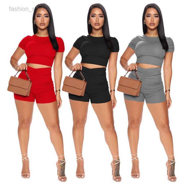 

summer women jogger suit plus size 2xl outfits tracksuits short sleeve t-shirt crop shorts knitted two piece set black 2 pcs suits 4606, Gray