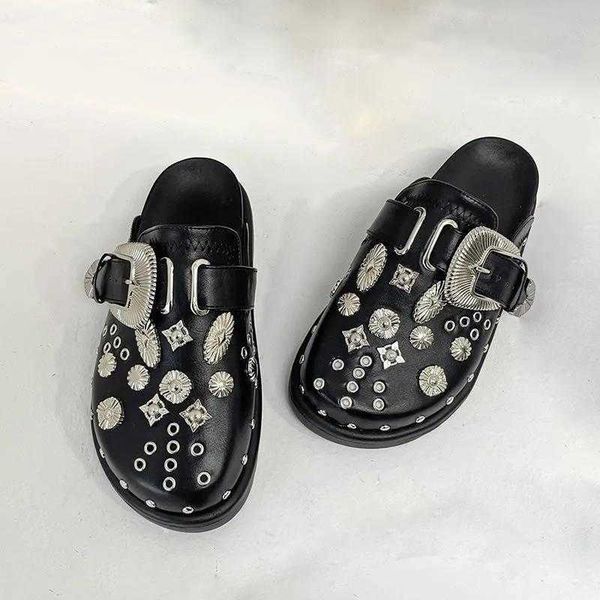 

sandals summer women slippers platform rivets punk rock leather mules creative metal fittings casual party shoes female outdoor slides 23042, Black
