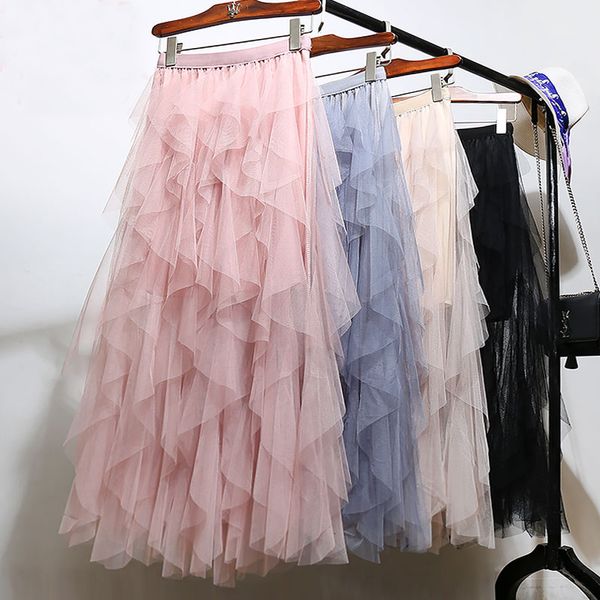 

skirts korean sweet patchwork ruffled irregular maxi long mesh skirts chic fairy high low a-line pleated flounced ankle long skirts 230508, Black