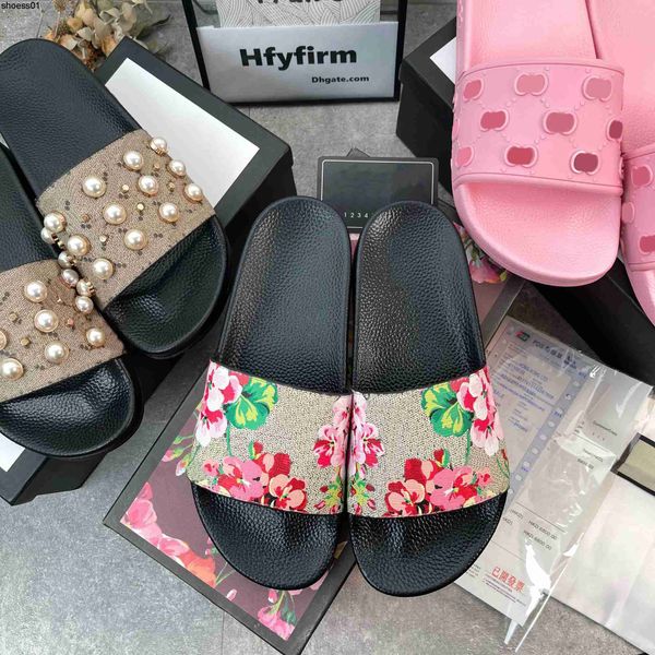 

designer men women sandals with correct flower box dust bag shoes snake print slide summer wide flat sandal slipper size 35-48, Black