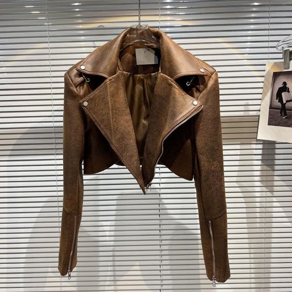 

fur prepomp 2022 autumn new arrival long sleeve turn down collar brown pu jacket women faux leather coat gd967, Black