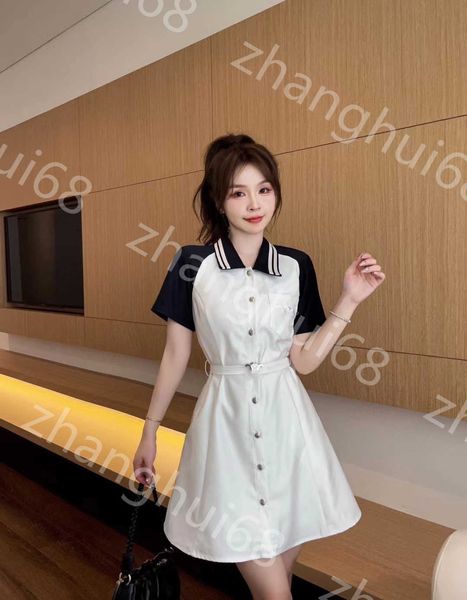 

23ss women dress womens designer clothing summer dresses chest embroidered pocket bump color striped lapel belt dress womens clothing, Black;gray