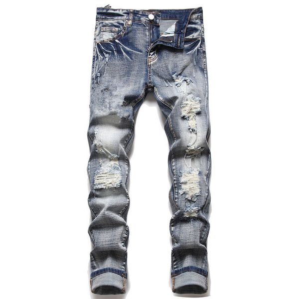 

designer men jeans pants mens men's jean long zipper fly hole patchwork ripped for trend brand motorcycle pant mens skinny, Blue