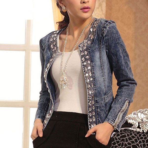 

women's jackets spring fashion women denim jacket slim zipper casual short sequins outerwear ladies vintage biker crystal chaqueta muje, Black;brown