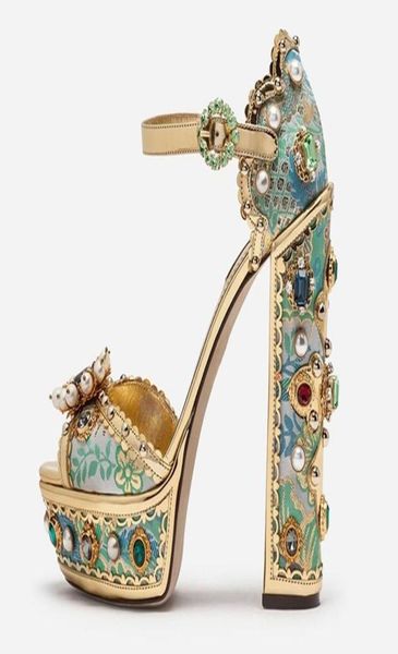 

retro jewelembellished metallic leather platform sandals embroidery chunky heels banquet dress shoes big size 103309507, Black