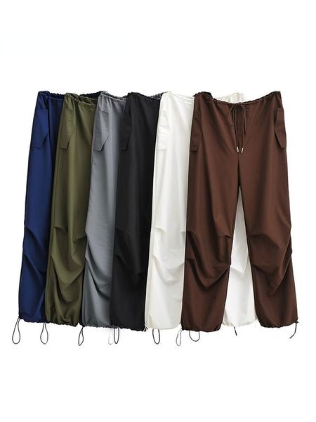 

women s pants casual cargo solid loose drawstring low waist streetwear baggy sweatpants female pleat joggers parachute trousers 230508, Black;white