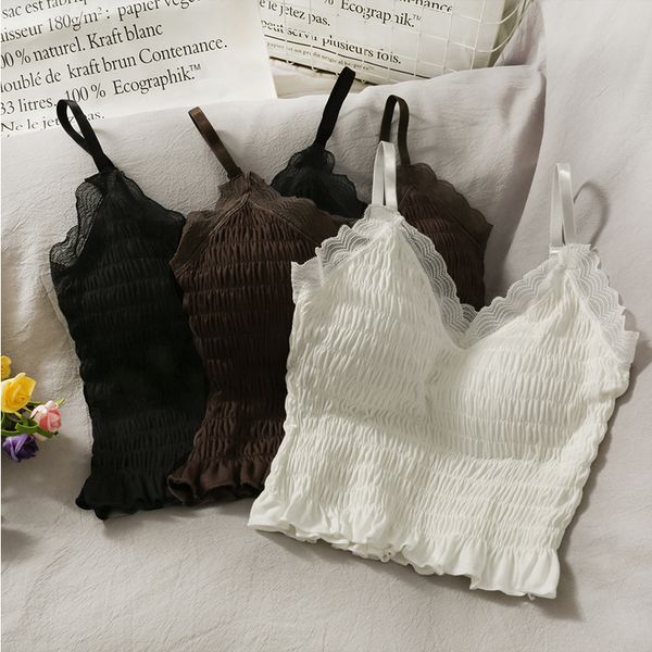 

camisoles tanks lace slim fit crop off shoulder spaghetti strap tanke women built in bra sleeveless versatile solid color cami 230508, Black;white