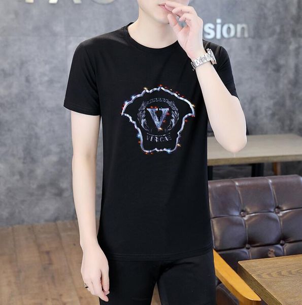 

summer mens designer european style fashion 2023 men's summer new versatile diamond round neck casual short sleeve printing, White;black