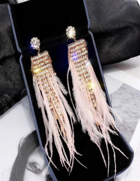 

925 silver needle pink ostrich feather rhinestone earrings europe and the united states long tassel feather earrings korean temper8028044