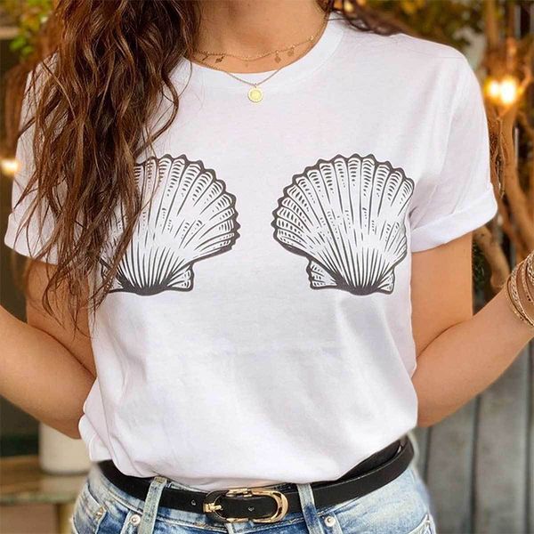 

women's t-shirt mermaid sea shell bra print t-shirt women aesthetic boob graphic funny tee casual summer tumblr vacay beach tshirt drop, White