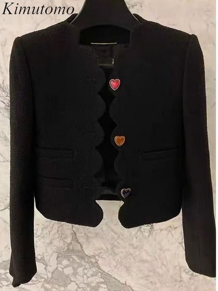 

women's jackets kimutomo elegant lace heart diamond button short coat woman gentle simple solid o-neck single breast versatile jackets, Black;brown