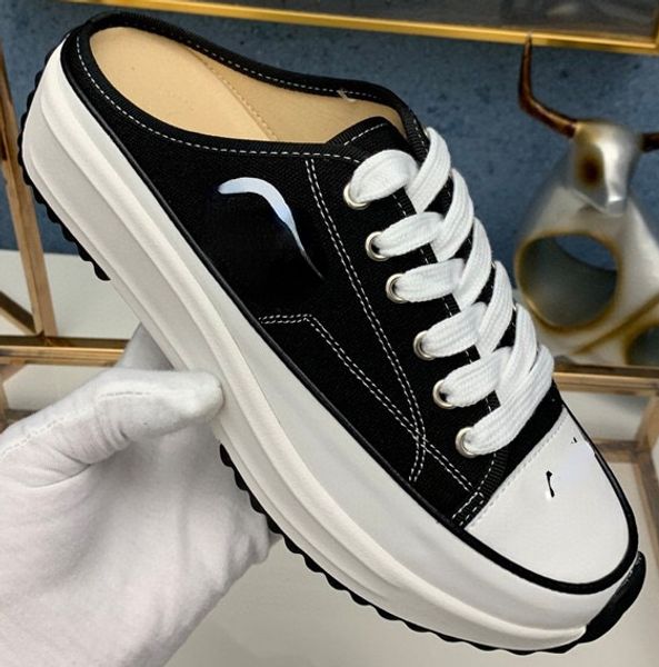

small fragrance wind thick soled half support shoes 2023 summer graffiti patchwork color lazy one pedal cake soled canvas shoes female, Black