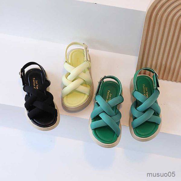 

sandals new macaron color beach shoes for kids girls cross-tied flat sandals boys shoes slides soft thick bottom, Black;red