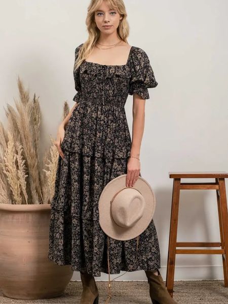 

square neck puff sleeve midi dress nnnnn, Black;gray